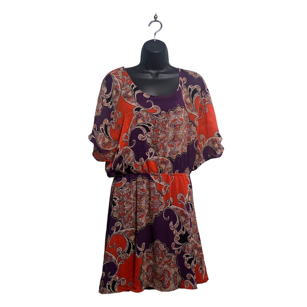 Apt 9 Womens Purple Orange Paisley Elastic Waist Dolman Sleeve Mini Dress Medium
